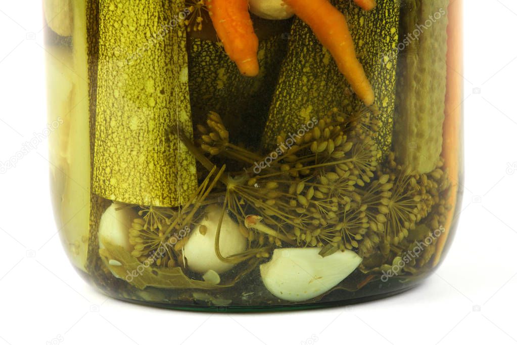 bottom of jar with homemade pickled vegetables, traditional russ