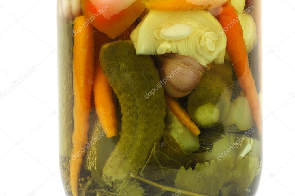 jar with homemade pickled vegetables and herbs, traditional russ