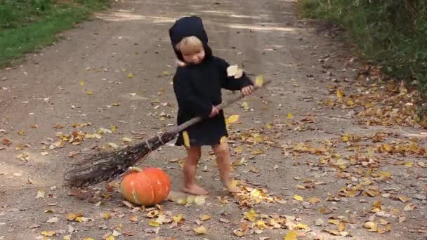 Ребенок Черном Колдуне Костюме Ведьмы Хэллоуин Подметает Метлой Осеннюю Листву — стоковое видео