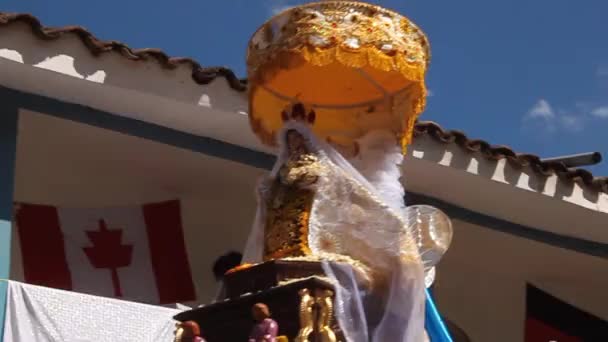 Výzdoba Sochy Deštníkem Festivalové Přehlídce Virgin Del Carmen Pisac Peru — Stock video