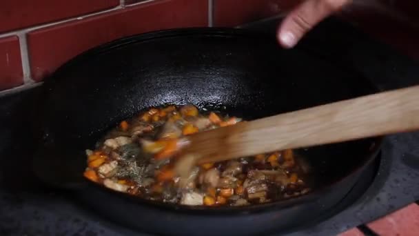 Mänsklig Hand Lägger Kryddor Den Kokande Oljan Med Kött Och — Stockvideo