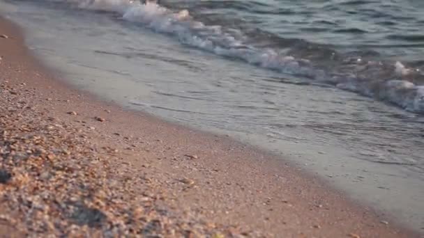 Plajă Nisip Apus Soare Valuri Mici Pietricele Marea Neagră — Videoclip de stoc