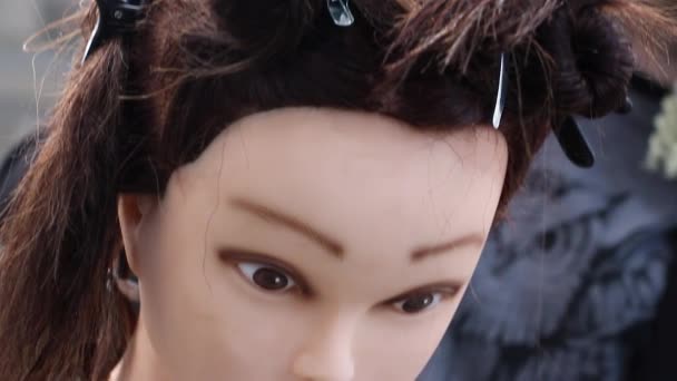 미용사는 머리에 새로운 기술을 마네킹 얼굴에서 이발사 얼굴로 카메라의 워크샵에서 — 비디오