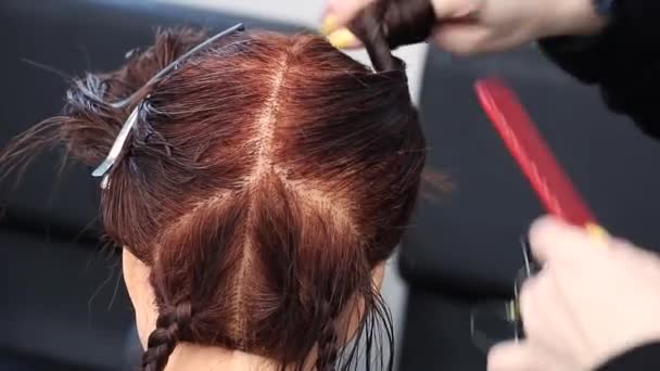 Coiffeur Boucles Cheveux Sur Mannequin Tête Serrures Avec Pince Cheveux — Video