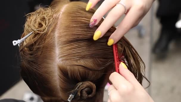スタイリストは優しく 慎重に櫛と女性の頭に髪の別れを作る 新しいスキル 美容ワークショップ クローズアップを練習 — ストック動画