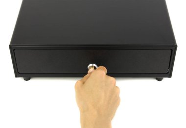 kapalı siyah nakit çekmece veya cashbox ve anahtar kilit ile el, t