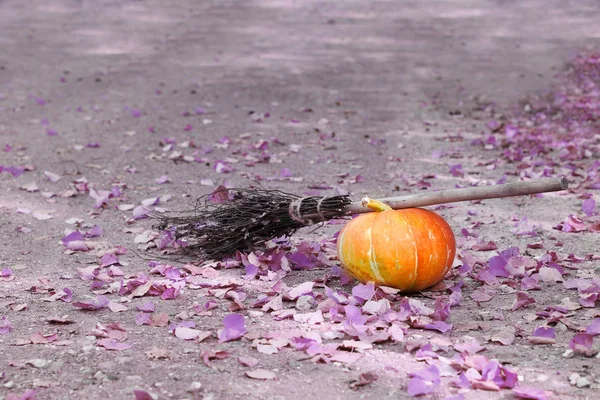 Rijp oranje pompoen en halloween heks bezem liggend op de groun — Stockfoto