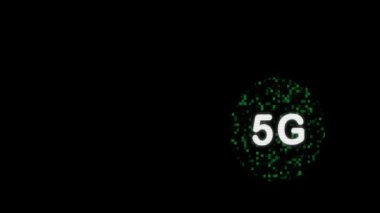 Siyah arkaplan üzerinde yeşil dijital daire döndürme 5g beyaz yazı, hücre ağları için logo beşinci nesil teknoloji simgesi, kopyalama alanı olan ekran koruyucu