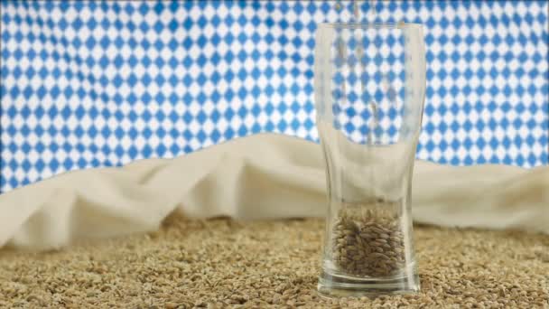 Het concept van het aantonen van hoge kwaliteit mout voor het maken van bier, donkere mout wordt gegoten in een bierglas tegen de achtergrond van een ontwikkelende Bovarian vlag — Stockvideo