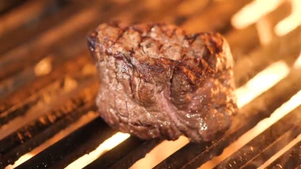 Close-up de um pedaço de vitela ou carne é grelhado, no fundo rasas e um pouco de fumaça — Vídeo de Stock