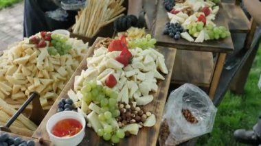 Catering servisi. Çeşitli doğal ve sağlıklı Organik çedar peyniri Gauda Parmesan ve meyve çilek ve genç Şarap ziyafeti için fındık