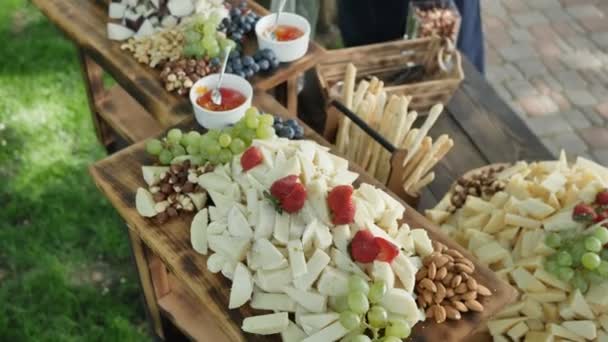 Сыр Cheder Гауда Пармезан и фруктовые ягоды хлебные палочки и орехи для праздника молодого вина. . — стоковое видео