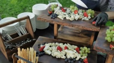 Organik peynir, doğal fındık, meyve, çilek ve gleb çubukları çeşitli Fransız ve İtalyan şarap için çeşitli aperatifler. Catering hizmeti