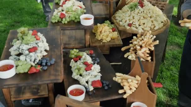 Snack assortiti per il vino francese a base di diversi tipi di formaggio biologico, noci naturali, bacche e bastoncini di gleb su uno sfondo di legno. Concetto di cibo sano — Video Stock
