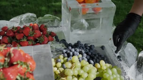 Różne owoce truskawki jagodowych gruszki. Zdrowie żywności dla fitness koncepcji z owoców, warzyw. Wysoki w antocyjanach, przeciwutleniacze, inteligentne węglowodany, Omega 3, minerały i witaminy. — Wideo stockowe