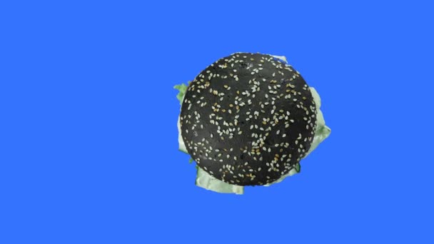 Un plan d'un hamburger rotatif avec un pain noir saupoudré de sésame sur le dessus duquel les feuilles de laitue et les tranches de concombre sont légèrement étalées, un fond bleu isolé — Video