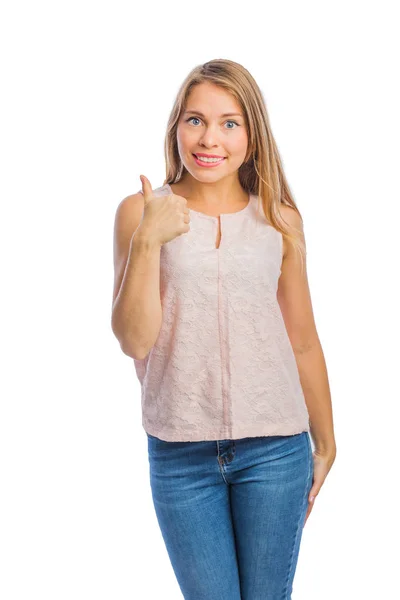 Portrait of a young female student shows class, victory, satisfaction, shooting on an isolated background — Stock Photo, Image