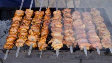 Izgara lı Çeşitli Dana Etli Kuzu TavukLu Domuz Etinden Barbekü Kebabı. Yan 4k kamera hareketi