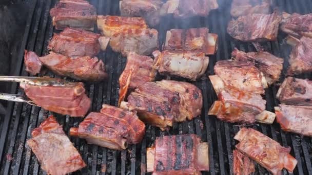 Deliciosa carne marinada orgânica gordurosa no osso da carne de cordeiro, carne de porco, cozida nas brasas Lento movimento 4k . — Vídeo de Stock