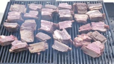 Barbekü Pişirme Beef Steak ve Domuz Kaburga. Doğal Organik Et Izgara Kapatma 4k