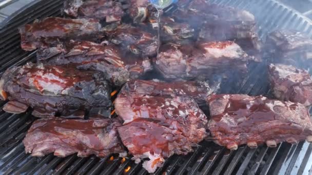Tło Grill, smażenie świeżego mięsa, kurczak grill, wieprzowina, żebra, Kebab, Hamburger, BBQ, Grill, Josper, wołowina. Zbliżenie słoneczny odkryty Chef zamienia mięso na grillu ogniem Fire Flames 4K — Wideo stockowe