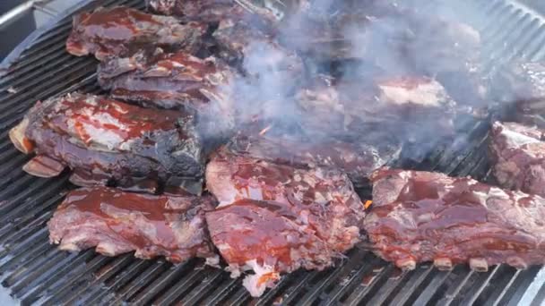 Grill, Frying Fresh Meat, Chicken Barbecue, natural Fatty Grilled Ribs Ribs, Kebab, Hamburger, BBQ, Barbecue,Josper,Beef. grilled large pieces of pork. Closeup sunny outdoor Chef turns the meat on the — Stock Video