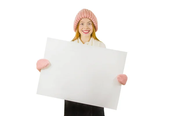 Beautiful girl holding a blank poster for text or advertising. — Stock Photo, Image