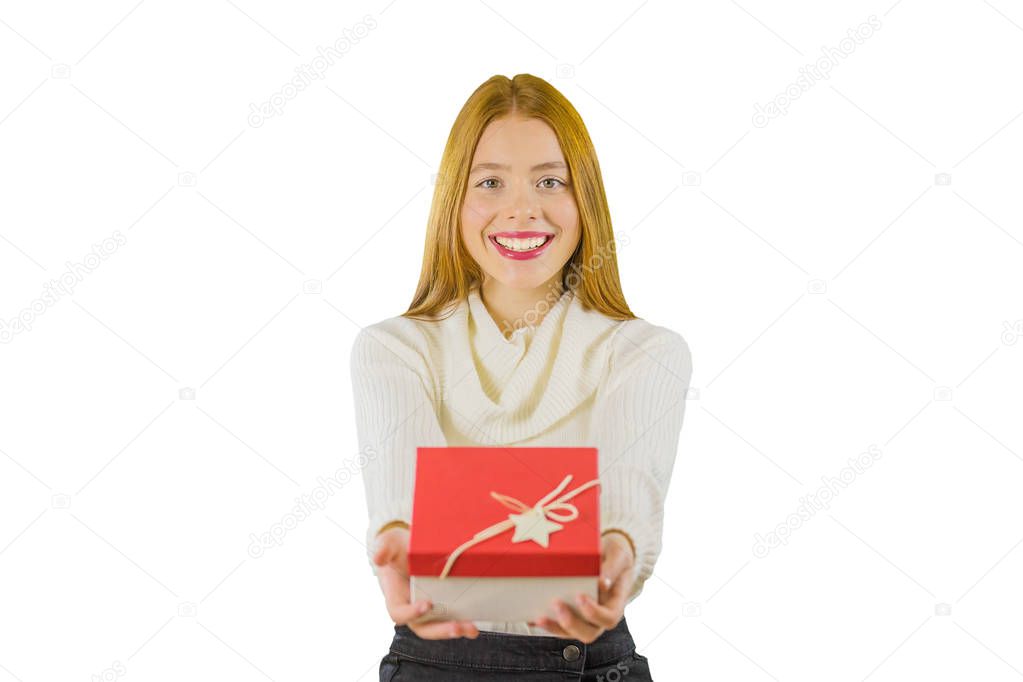 Happy excited young woman with gift box on white background.
