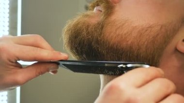 Özel bir tarak ve elektrikli tıraş çıtası ile Master berber bir sakal keser, erkekler için güzellik salonu
