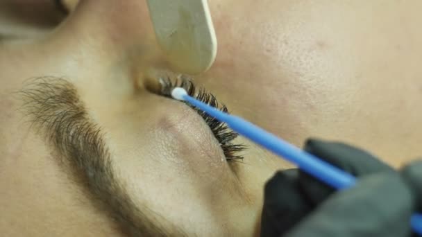 Der Prozess der Anwendung auf die Wimpern Gel vor dem Färben, Wellness-Behandlungen für das Gesicht in einem Schönheitssalon — Stockvideo