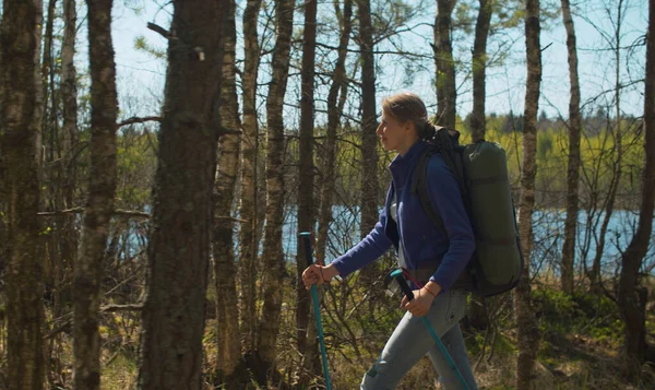 Young woman with trekking poles walking through the forest near the lake. Trekking in the forest, active and healthy lifestyle concept