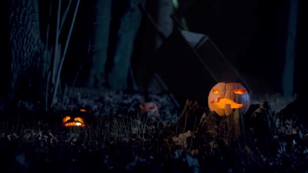 Luzes místicas se inflamam em abóboras de Halloween — Vídeo de Stock