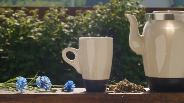 Čajový šálek a konvice na stole v zahradě — Stock video