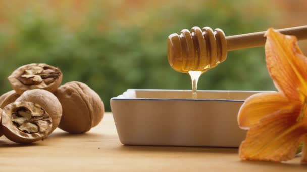 Miel vertida de cuchara de miel — Vídeo de stock