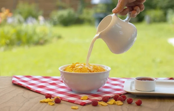 Aus Nächster Nähe Gießt Männliche Hand Milch Die Schüssel Mit — Stockfoto