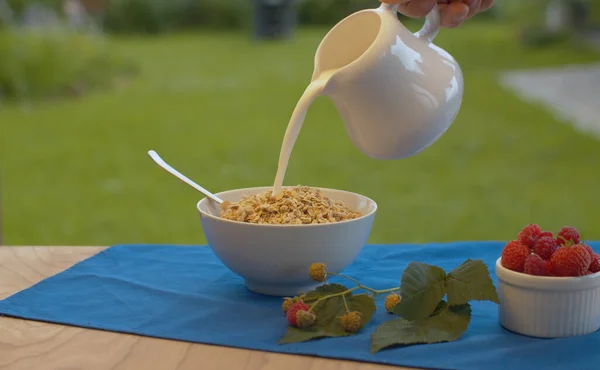 Erkek elini kapat ve müsli ile kaseye süt dök. Bahçede kahvaltı hazırlayan tanınmamış bir adam. Sağlıklı yaşam tarzı kavramı