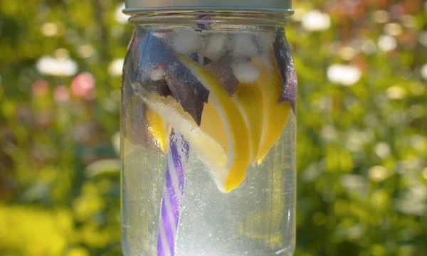 Açık havada cam sisli bardağı soğuk limonatayla kapatın. Yazın bir kır çiftliğinde Macro içki vuruyor. Sağlıklı yaşam tarzı kavramı