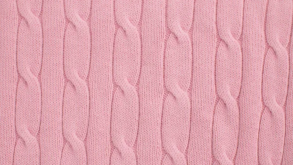 Ekstremalne Zbliżenie Różowej Wełny Dzianiny Kosy Wzór Tekstura Tło Tekstylne — Zdjęcie stockowe