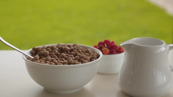 Bowl of cornflakes and raspberry — Stock Video