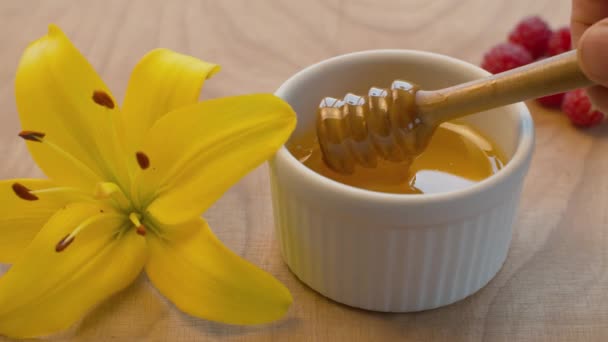 Χέρι ανθρώπου που παίρνει μέλι με κουτάλι μελιού — Αρχείο Βίντεο