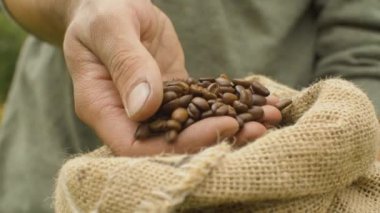 Erkek eller kahve çekirdeklerini dolduruyor.