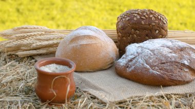 Geleneksel fırınlanmış ekmek, olgun buğday kulakları ve jüt çuval bezinde kil çömlek kapat. Doğal organik el yapımı yiyecekler.