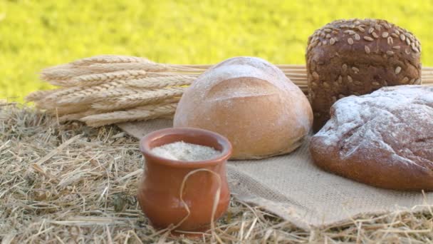 Três lombos de pão, espigas de trigo e panela de barro — Vídeo de Stock