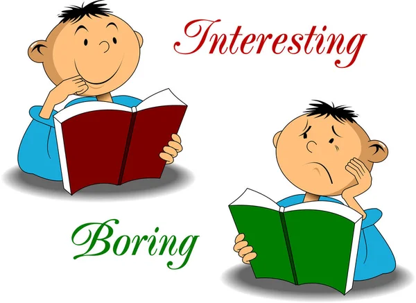 Two Boys Reading Books Interesting Book Uninteresting Book — Stock Vector