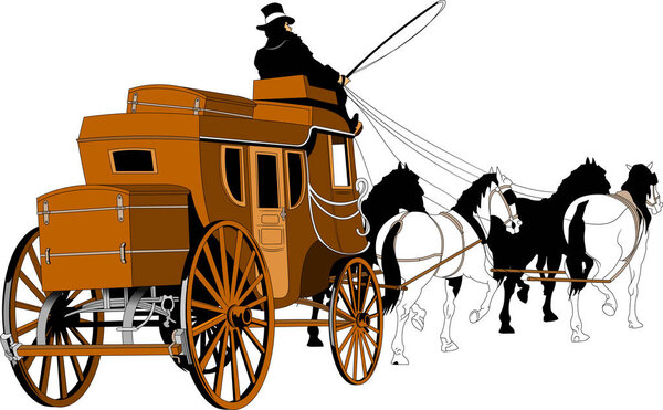 Illustration of a stagecoach driver riding a carriage driving two horses on isolated white background done in cartoon style