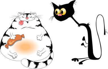 İki kedi. Siyah ve beyaz. Aç ve yağ. Vektör çizim 