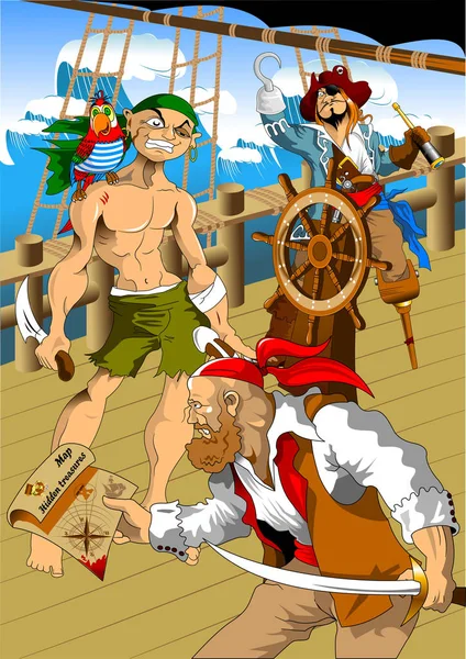 可怕和邪恶的海盗与鹦鹉在他的肩膀和枪在他的手 向量例证 — 图库矢量图片