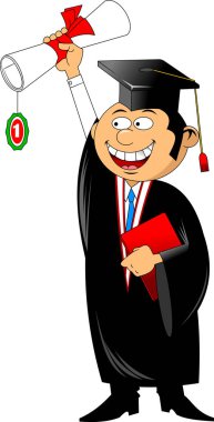 Mezuniyet gününde, kahverengi saçlı mutlu bir çocuk. Diploması var ve el hareketi yapıyor.