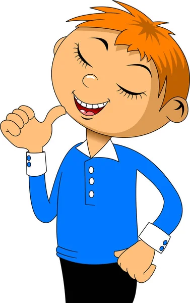 Garçon Dans Une Chemise Bleue Aux Cheveux Roux Montre Son — Image vectorielle