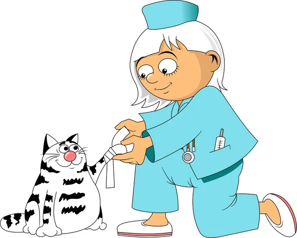 小女孩护士用绷带包扎猫的爪子 — 图库矢量图片